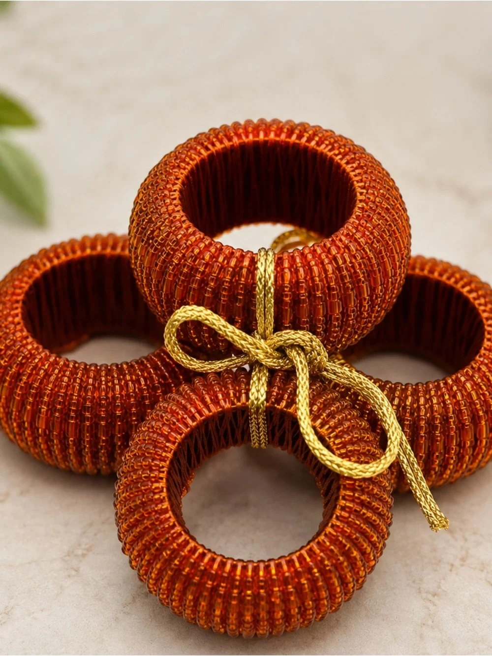 4 Hand Beaded Glass Seed Napkin Rings Red Orange NWOT